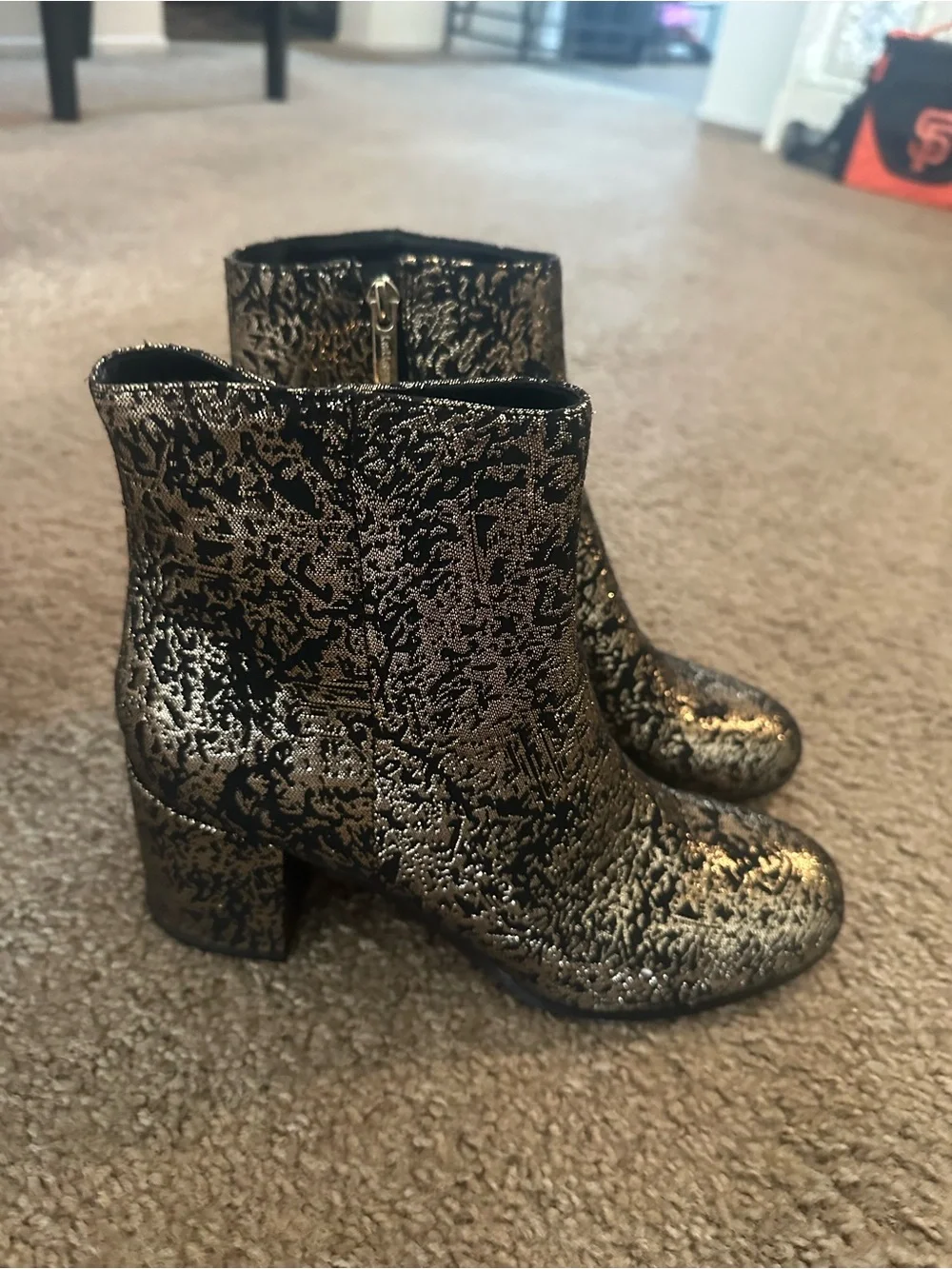 Indigo Black and Gold Patterned Ankle Boots